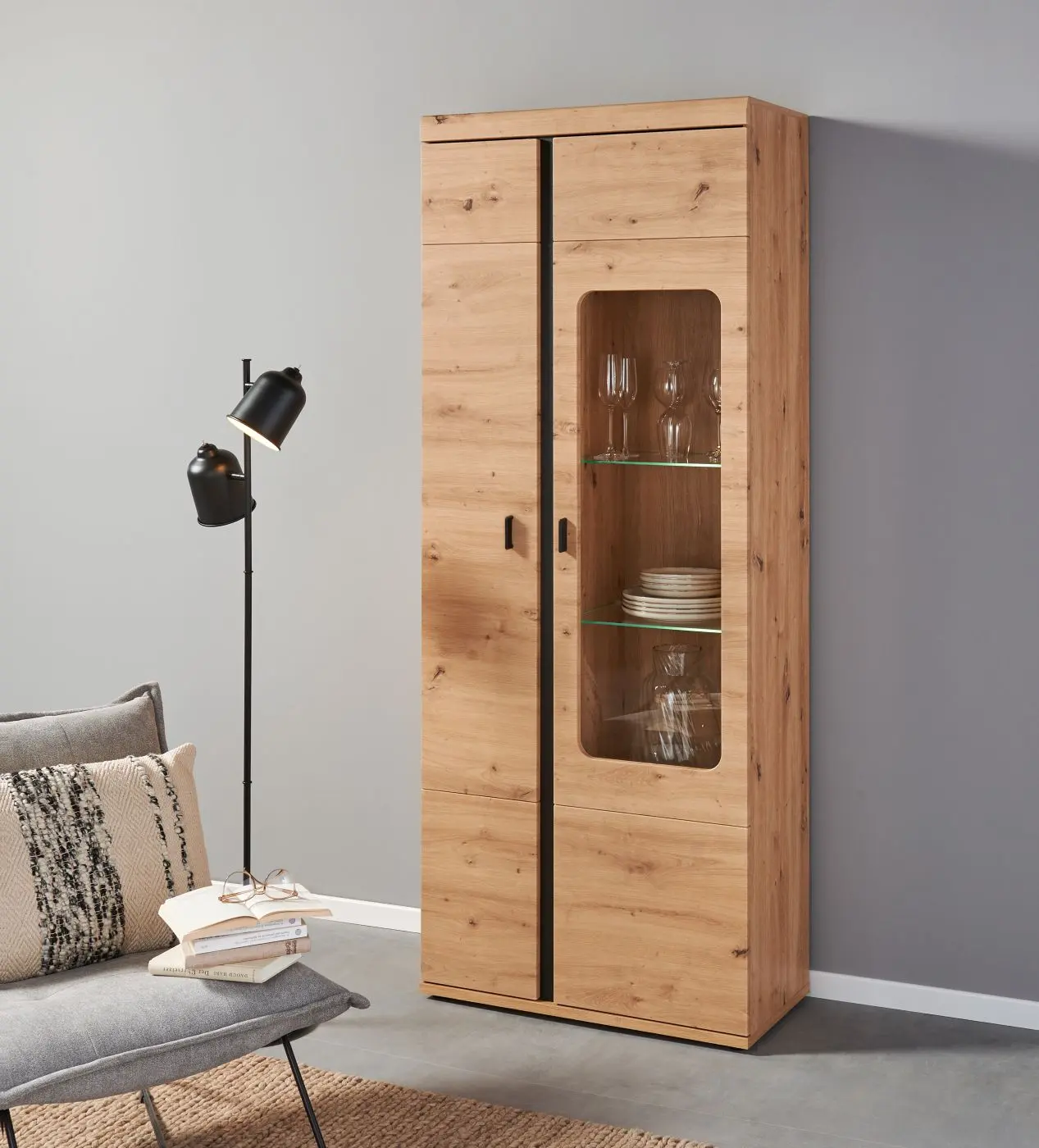 Vitrine Kreta Artisan Eiche/schwarz mit Beleuchtung