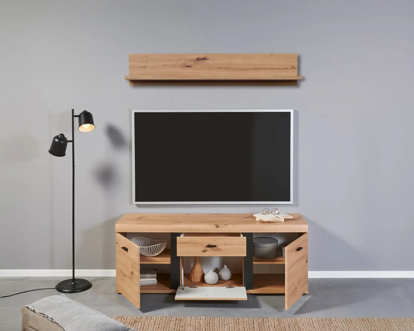 Lowboard+Wandboard Kreta Artisan Eiche/schwarz