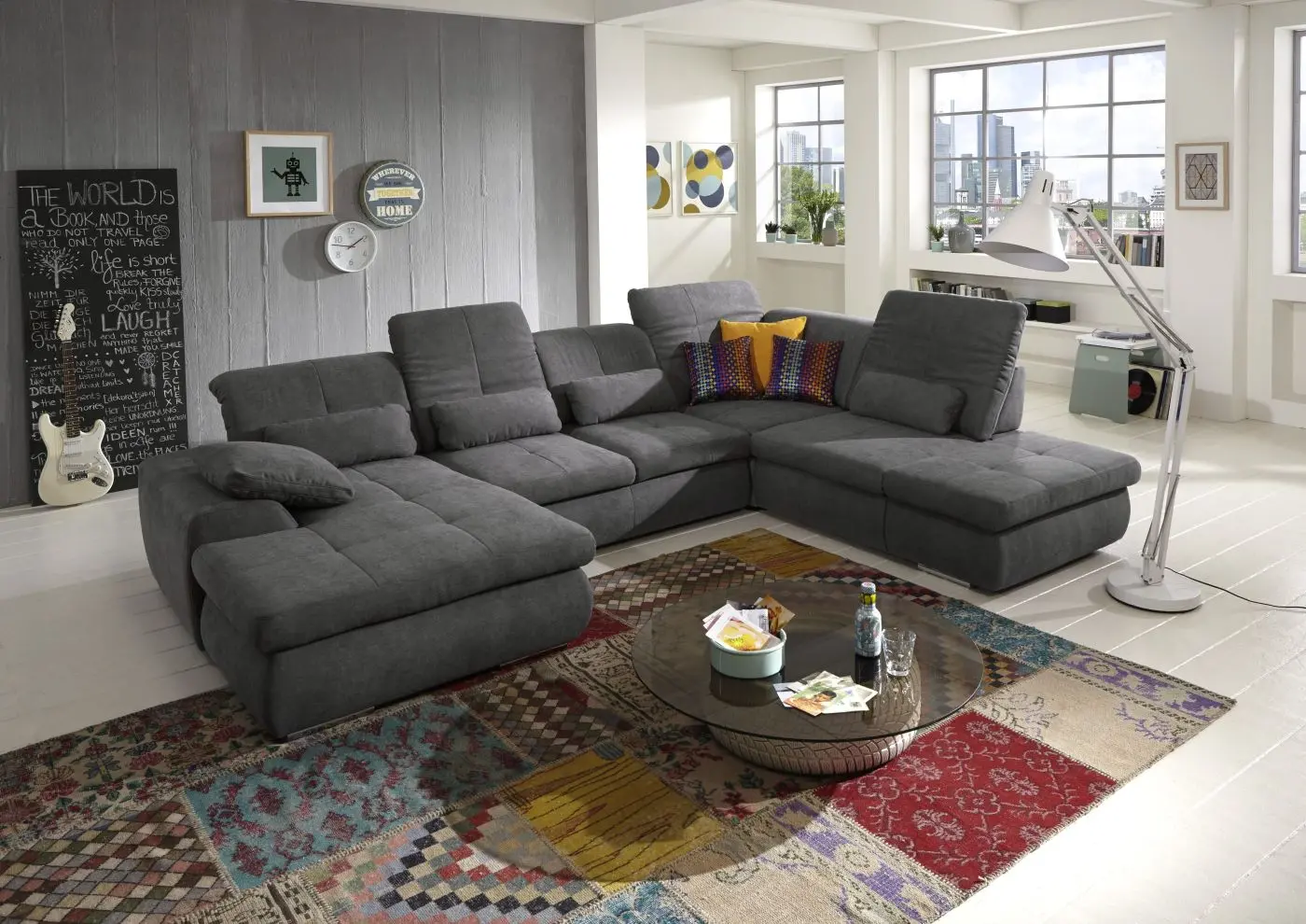 Wohnlandschaft KS25 Vincenzo grau mit Zusatzfunktionen couchliebe.
