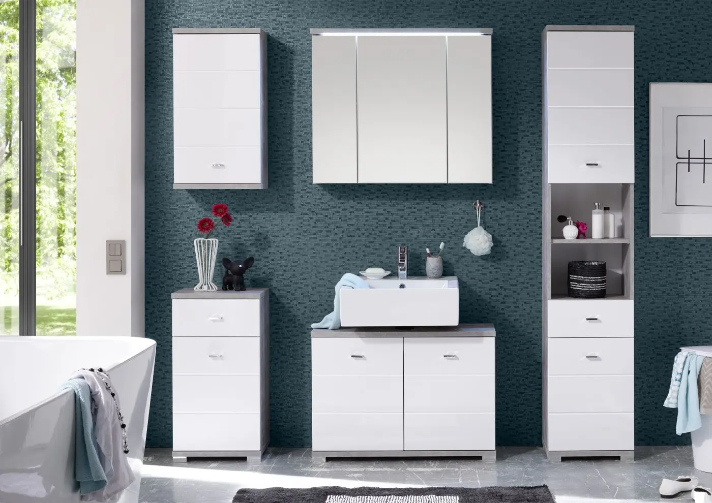 Waschbeckenunterschrank Pool betonfarbig/weiß