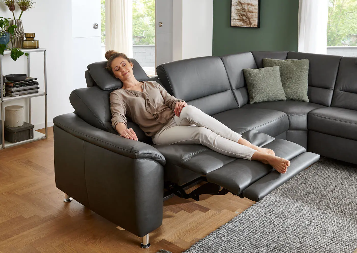 Wohnlandschaft PN-EM19075 in Leder Rodeo charcoal mit Zusatzfunktion couchliebe.