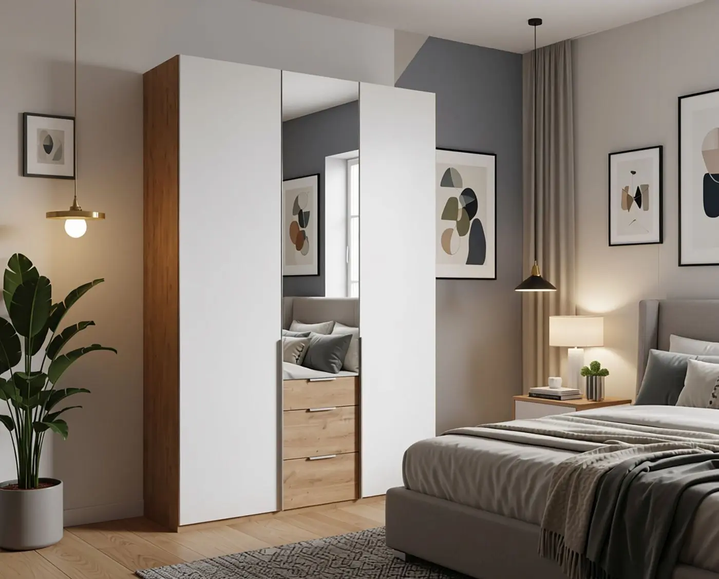 Drehtürenschrank New York 3-türig weiß/Plankeneiche