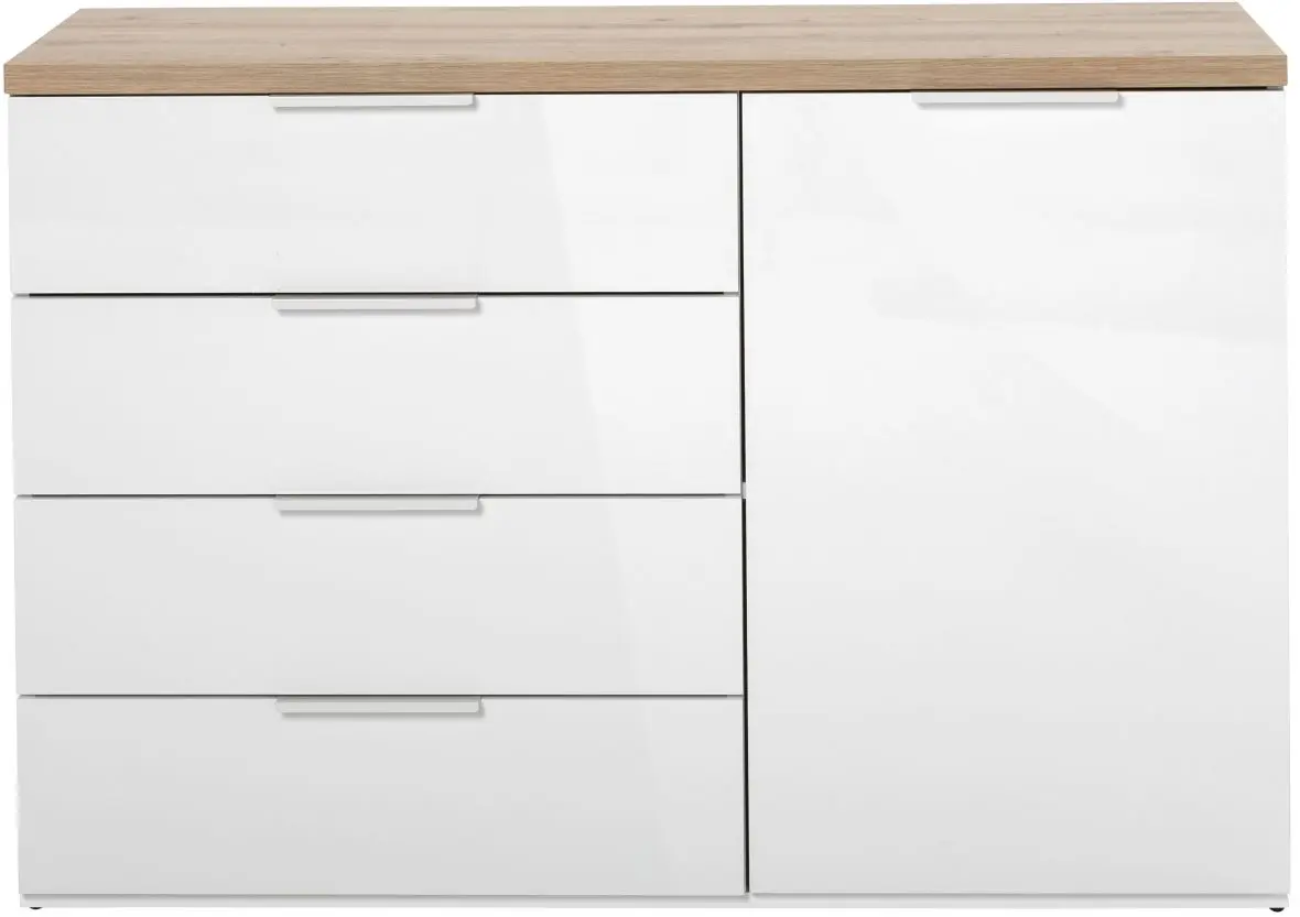 Kommode Mundi weiß Hochglanz / Artisan Eiche