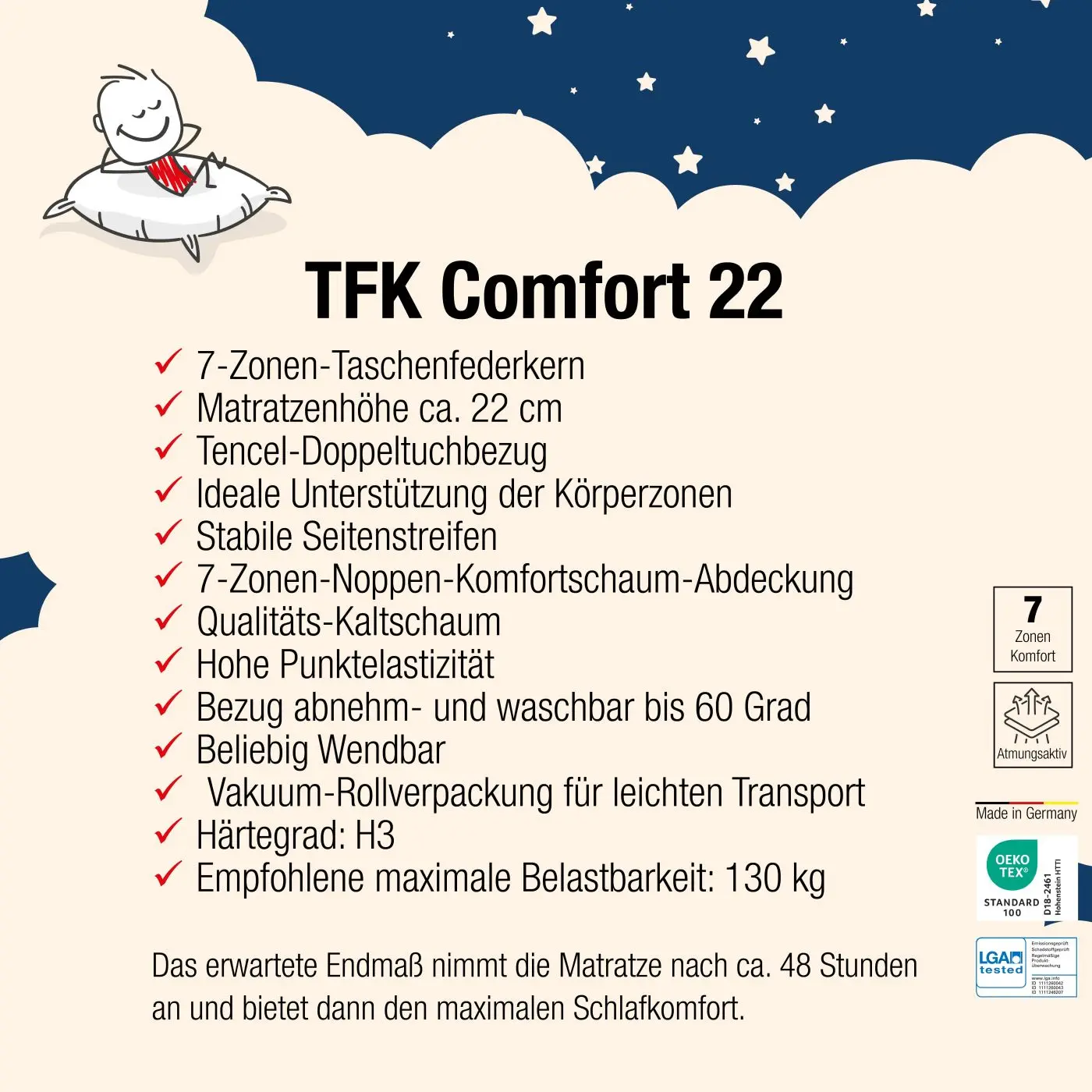 Taschenfederkernmatratze Comfort 22 100 x 200 cm