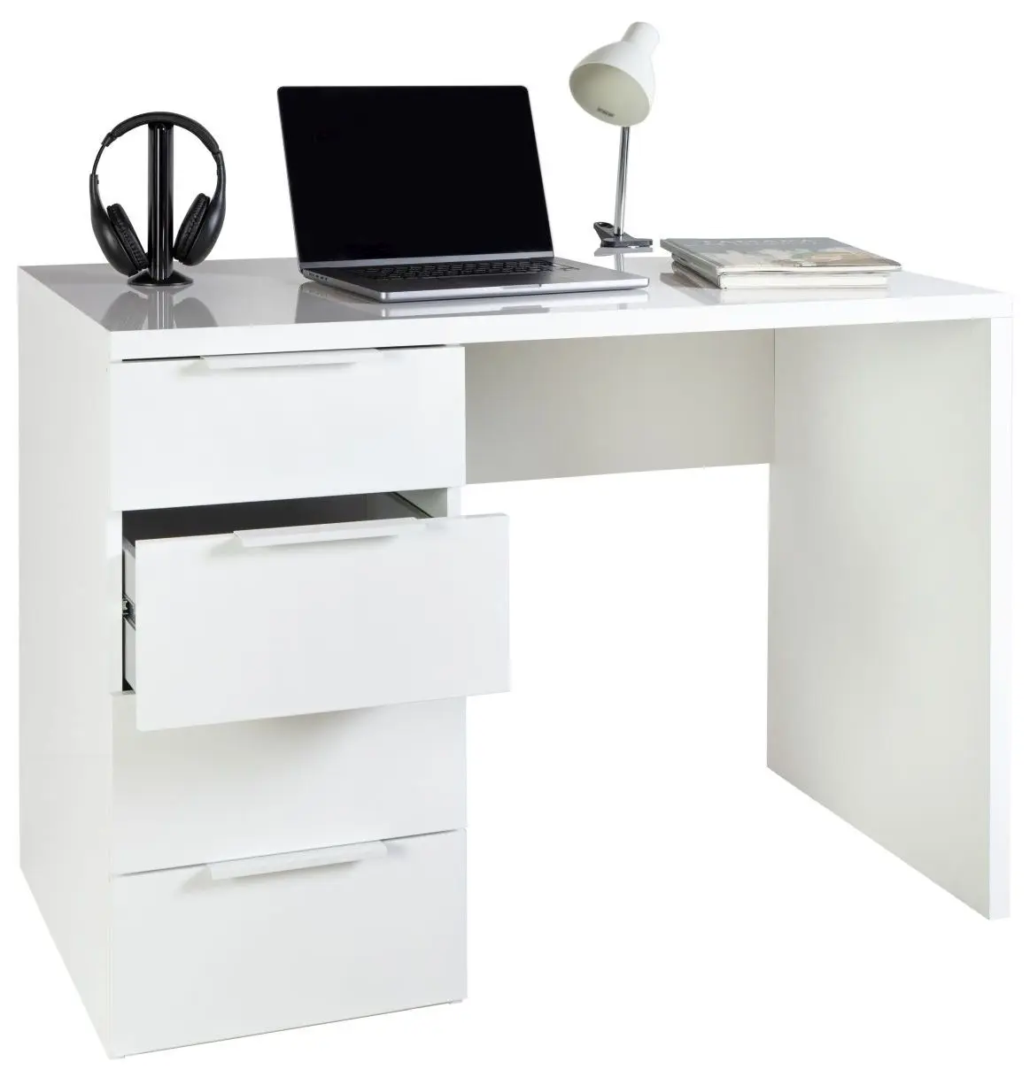 Schreibtisch Espresso 4 Schubkästen weiß Hochglanz 