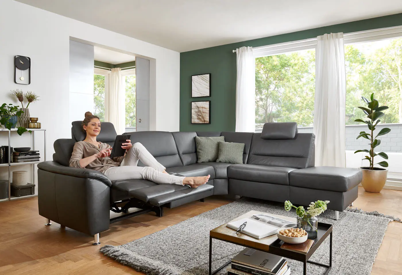 Wohnlandschaft PN-EM19075 in Leder Rodeo charcoal mit Zusatzfunktion couchliebe.