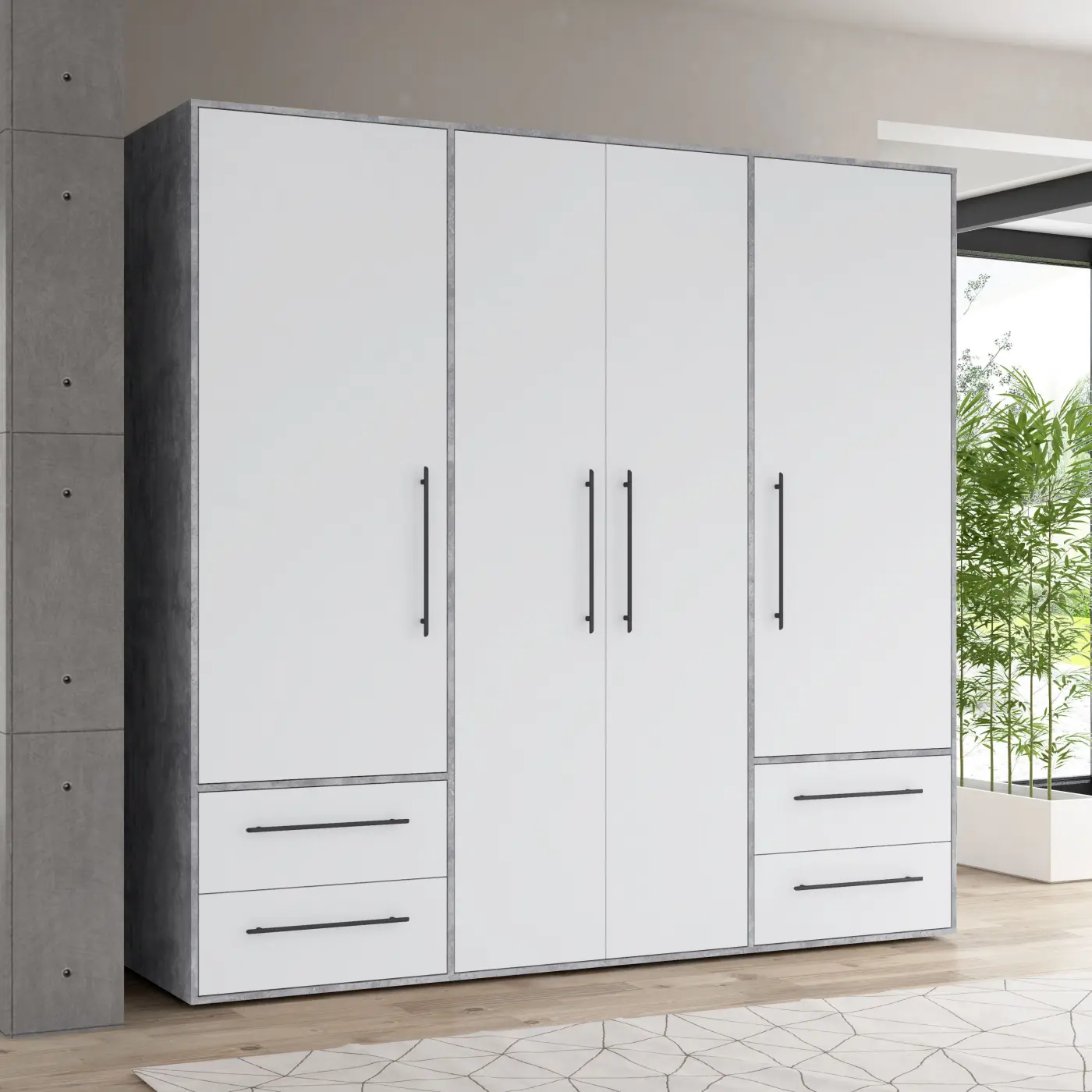 Drehtürenschrank Mokkaris 4-türig Betonoptik / weiß