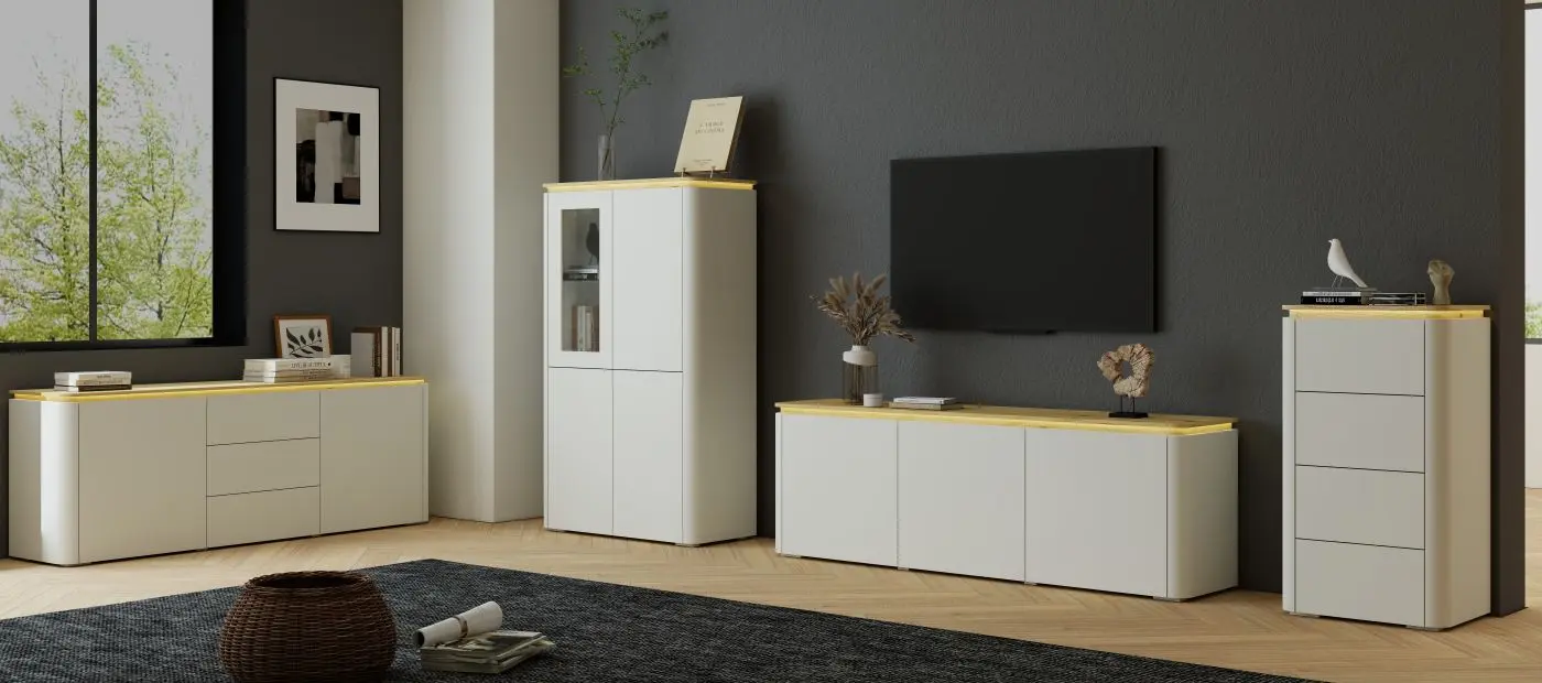 Highboard Namur weiß matt/Eiche hell mit Beleuchtung