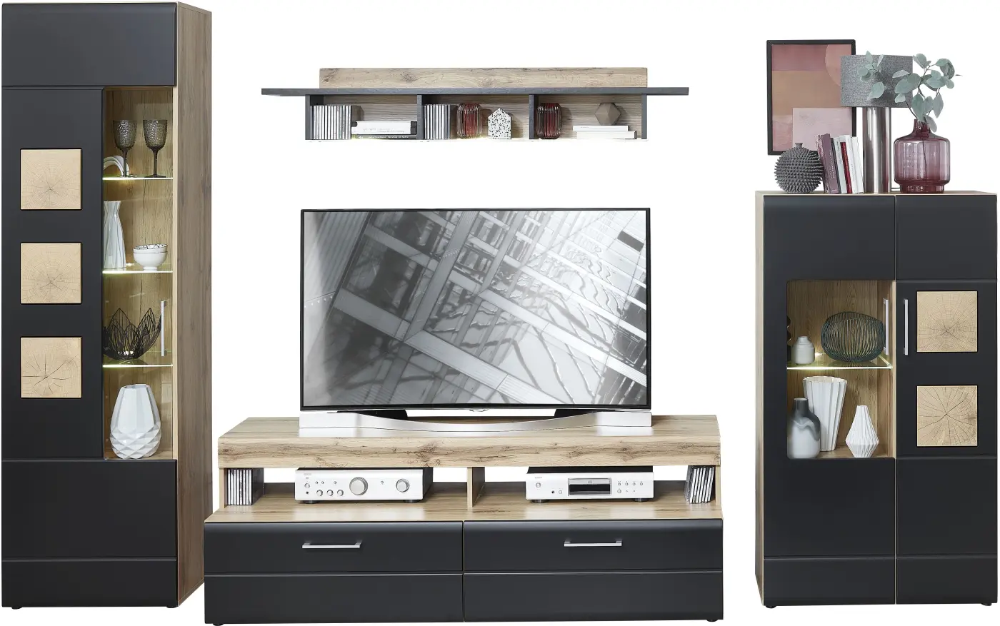 Wohnwand Sonate Lacklaminat schwarz matt/Hirnholz mit Beleuchtung