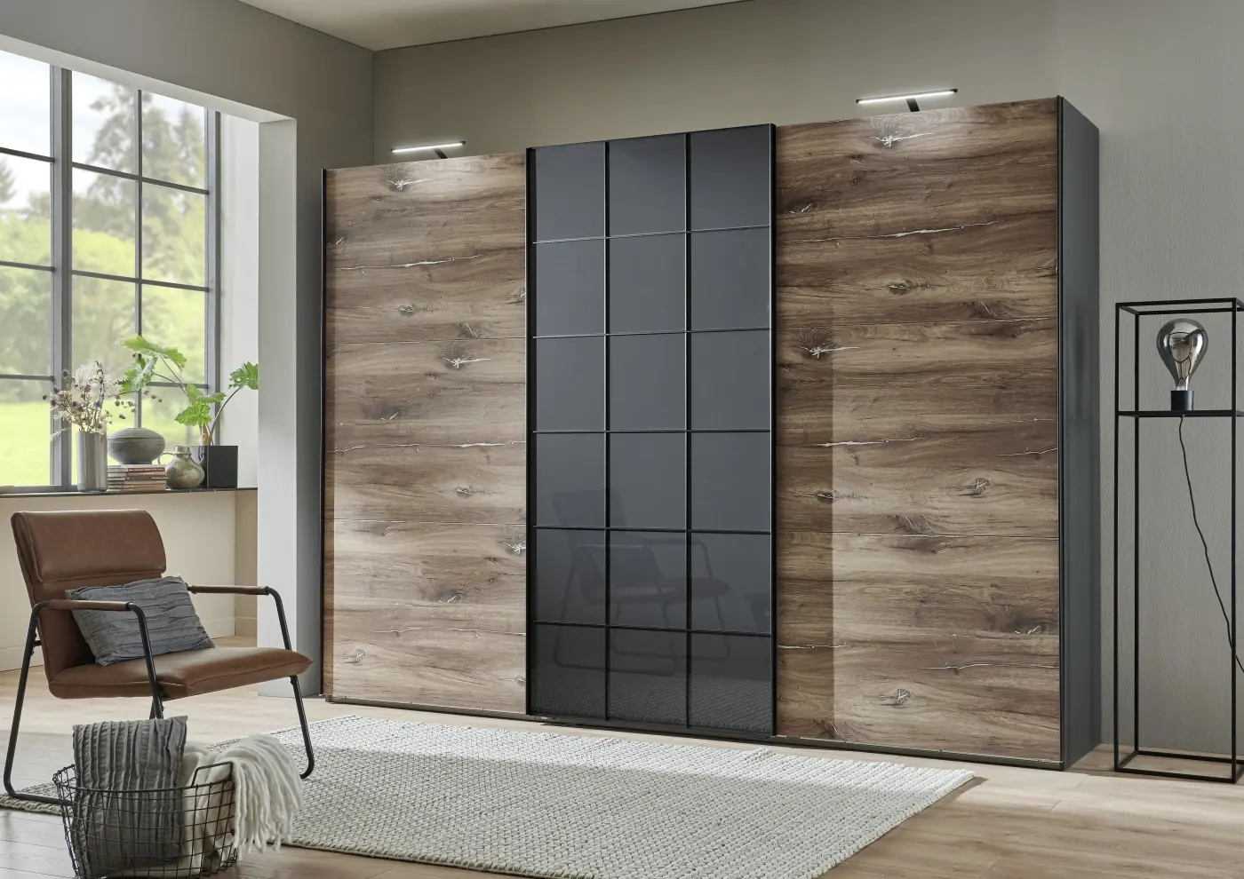 Schwebetürenschrank Toronto 3-türig Flagstaff Eiche/graphit