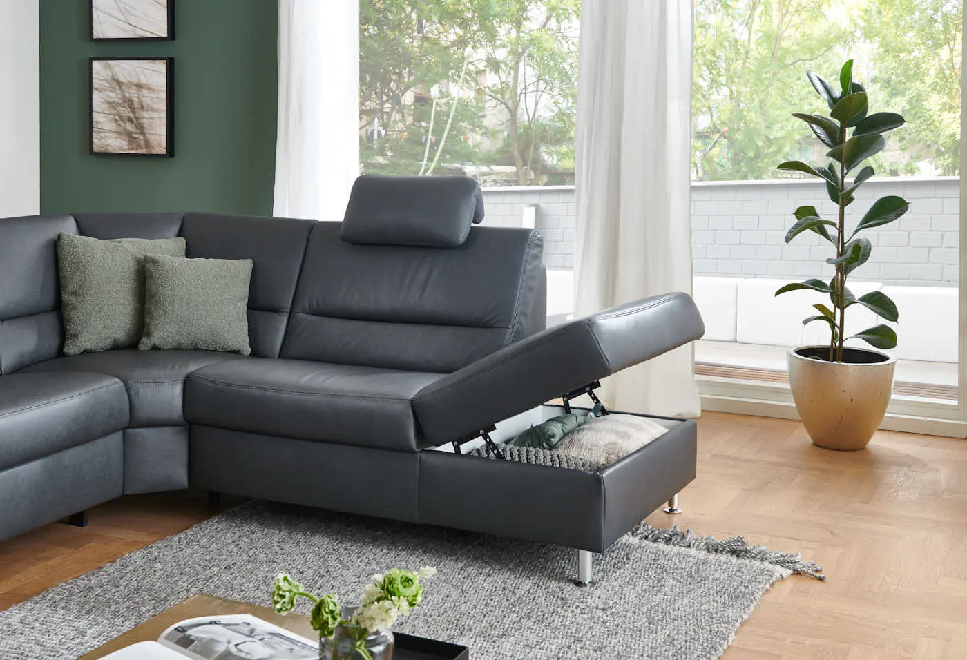 Wohnlandschaft PN-EM19075 in Leder Rodeo charcoal mit Zusatzfunktion couchliebe.