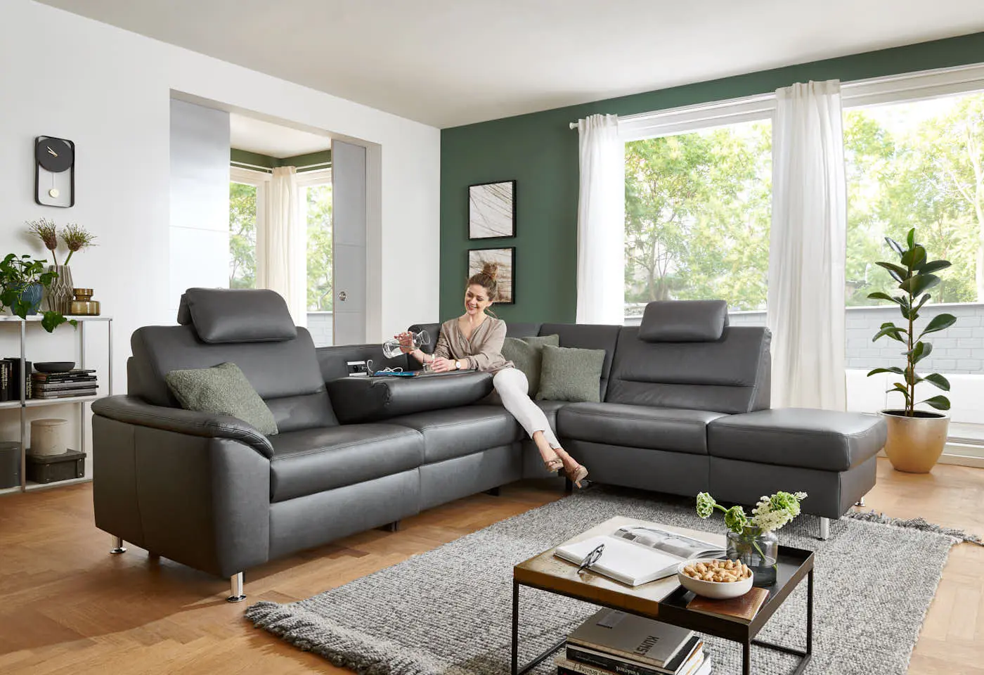 Wohnlandschaft PN-EM19075 in Leder Rodeo charcoal mit Zusatzfunktion couchliebe.